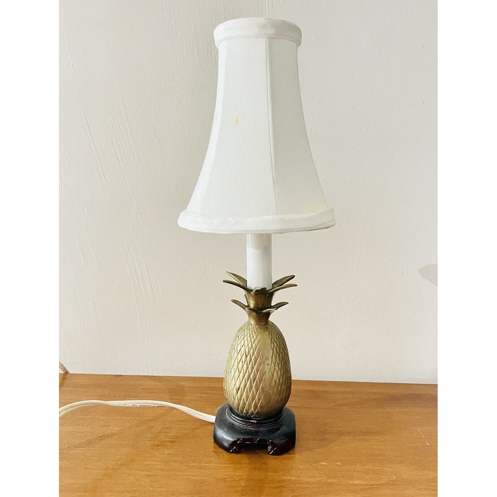 Vintage Retro Brass Pineapple Lamp On‎ Wooden Base Andrea By Sadek Candlestick